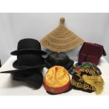 Hat collection inc 2 bowlers, teachers hat, Oriental and middle eastern hats.