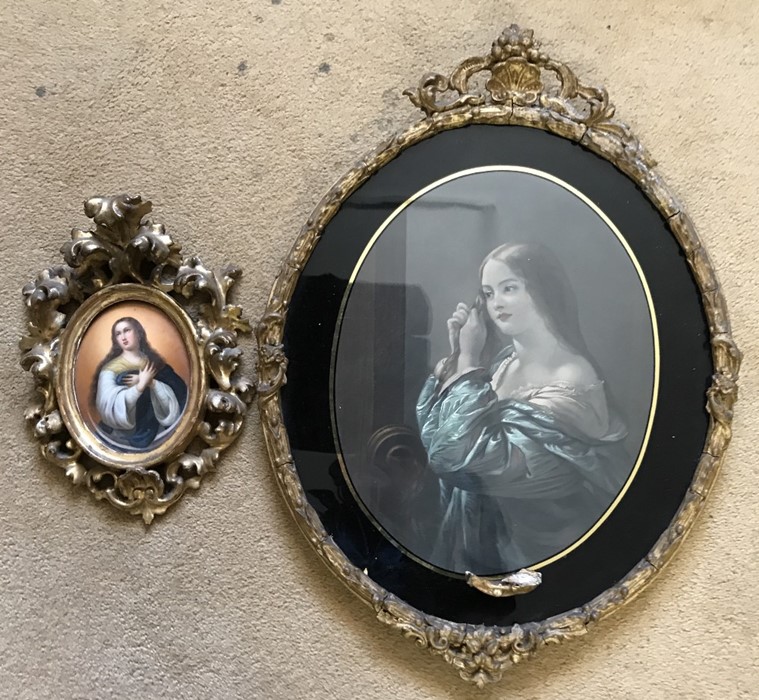 Oval decorative gilt picture frame a/f 48cms h x 36cms w with print of young lady and a smaller