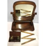 Mahogany dressing table mirror, ruler and boxed balance scales.