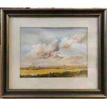 Framed watercolour painting, Country scene, Fields near Barton. unsigned. 27 x 37cms.