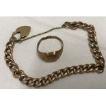 A 9ct gold chain bracelet with padlock and a 9ct gold signet ring a/f, 10.7gms approx.