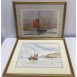 Ken Wigg gilt framed watercolours, Sail fishing boats in the harbour 27cms h x 36cms w and fishing