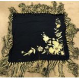 Good quality silk embroidered shawl with long black/gold coloured fringing, measurement without