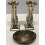 A pair of silver Birmingham vases, 9cms h with a Birmingham silver dish, approx 84.4 gms total.