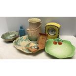 Ceramics including Mercedes clock, Shelley bowl, falcon ware vase & dish & glass bottle.