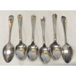 Set of six silver teaspoons. EV, Sheffield 1932 approx 53gms.