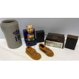 A 1970's novelty radio, Disney Pooh bear money box a/f American Indian Childs moccasins and a German