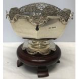 Mappin and Webb hallmarked silver rose bowl on wooden base stand, bowl diameter 16cms, approx 403.