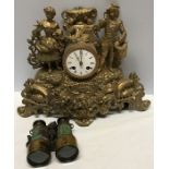 Decorative gilt metal mantle clock with figures, finial a/f together with a pair of small brass