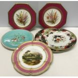 Six decorative mainly 19thC plates including Minton bird plate, James Green and Nephew floral