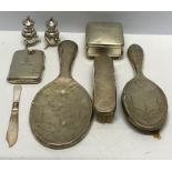 Various silver items including dressing table set a/f, cigarette case, pepper pots etc.