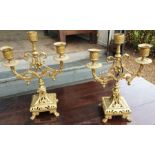 Pair brass 3 branch candelabra. 29cms h.