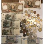 Various mainly European coins and banknotes including Indian Paise Nehru, 2 x 100 Franc notes,