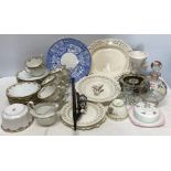 A mixed lot of pottery, part tea set, Leeds Creamware, decanter and glasses, pipe, butter dish etc.