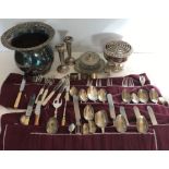 Selection of silver plated ware, assorted cutlery, rose bowl, vases, bottle stand etc.