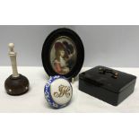 Lignum Vitae stand with lid, 19thC blue and gilt porcelain doorknob, good quality faux tortoiseshell