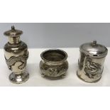 Three piece Chinese silver salt, pepper, mustard marked WC90. A slight movement to hinge on