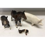 Beswick pig, Wallboy, Beswick foal, Exmoor foal and Bassett hound unmarked, good condition.