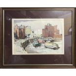 Alan Wade framed watercolour painting, River Hull and barges. 25 x 36cms.