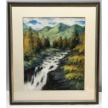 Ken Bell framed mixed media on paper, Highlands mountain river scene. 45 x 38cms.