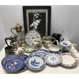 A mixed lot to include Masons jug, ginger jar and dish, blue and white teapot, plates, glass