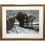 Ken bell framed painting on paper, Tree lined country lane scene. 34 x 46cms.