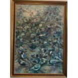 Large framed oil painting on board, Pigeons Feeding, signed James Neal, 100cms h x 70cms w.
