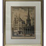 Framed engraving print, Broadcasting House, All Souls Langham Palace London, singed L.R Saul?