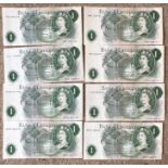 Eight British £1 Banknotes, 4 x LK Obrien, 2 x Hollom and 2 x JS Fforde. Good condition. (8)