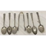 Set of six silver teaspoons with tongs. Shell bowl. S and I, Birmingham 1888. 87gms.