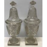 A pair of 18thC urn shaped sweetmeat comports. 30cms h, 1 with chip to base.