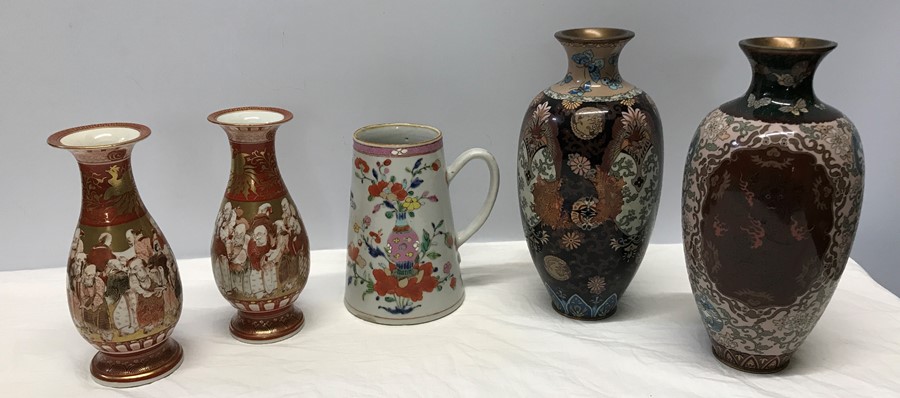 Two Cloisonne vases, 24cms tall, 1 a/f together with a pair of Chinese pottery vases, 1 a/f and a