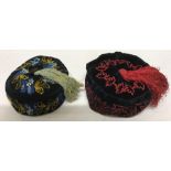 Two gentleman's 19thC embroidered velvet smoking caps and tassels, lining a/f to one.