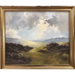 Framed oil painting on board. Moorland landscape with sheep and heather to foreground, signed