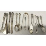 Selection of silver, spoons, tongs, condiment spoons, fish knife and forks, approx 227.6gms together