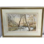 Ken Wigg gilt framed watercolour. Country scene woodland stream with walkers on bridge. 26cms h x