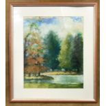 Ken Bell framed painting on paper, Woodland lake scene. 46 x 38cms.