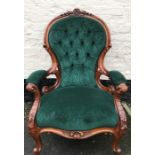 A good quality 19thC carved walnut armchair button back with upholstered armrests.