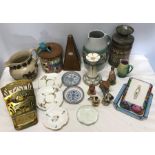 A mixed lot to include a metronome, brass letter/inkstand. Gantofta Sweden biscuit barrel, relief