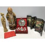 Chinese pottery God figure, Resin Geisha, decorative Saki tea set and small black lacquered screen.