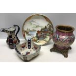 Ceramics including Japanese charger a/f to back, Imari pattern jug and bowl and pink decorated glass