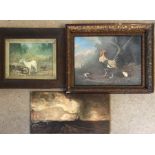 Three oil on board paintings including 19thC Goat and Cockerill, monogrammed with an unframed oil on
