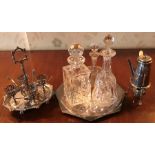 Miscellany including chocolate pot, egg cup stand, decanter, brandy and chrome tray.