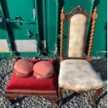Two 19thC round footstools, a larger square topped footstool and a single 19thC chair with barley