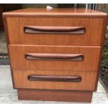 A G Plan 3 drawer bedside chest. 44cms d x 48cms w x 52cms h.