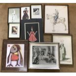Selection of 9 various prints including 16thC Knight and Lady. Oddbod as Icarus, fashion prints etc.