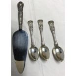 Three hallmarked silver Kings pattern teaspoons, London 1833, 102 gms and a silver handled cake