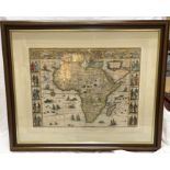 Framed 17thC coloured map, Africa. 42cms h x 55cms w.