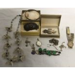 Jewellery including silver bracelet, chains, watch, locket with Murano glass bead bird necklace.