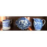 Three pieces of 19thC blue and white pottery, 1 toast jug slight a/f to spout, mug possibly Adams